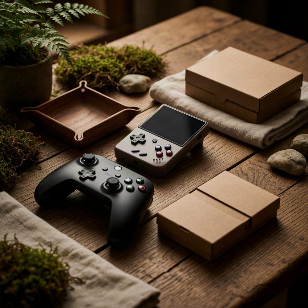 Comando de jogo preto e consola portátil retro sobre mesa de madeira com caixas e plantas