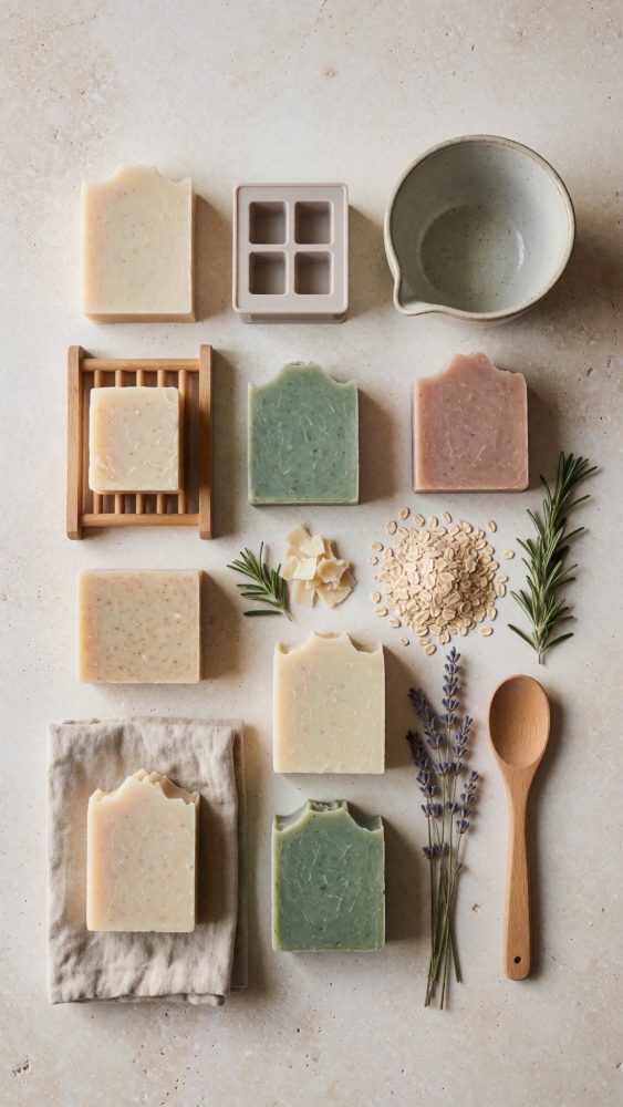 Sabonetes artesanais em cores naturais com aveia, lavanda, alecrim e utensílios de madeira sobre superfície clara