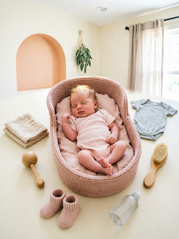 Bebé recém-nascido a dormir num cesto cor-de-rosa com acessórios para bebés ao redor