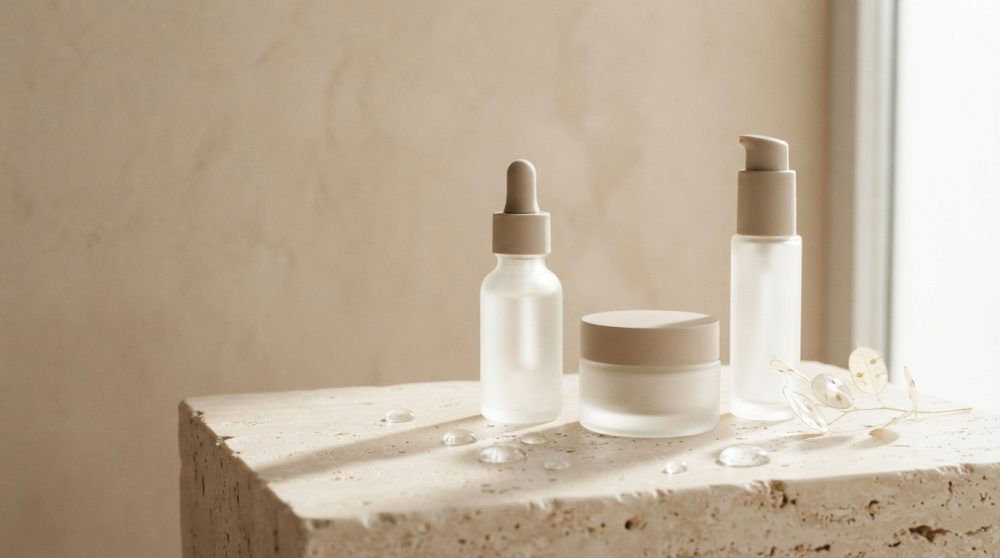 Frascos foscos de cosméticos minimalistas em pedra clara com gotas e luz suave