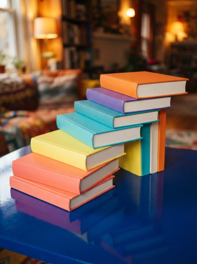 Pilhas de livros coloridos sobre mesa azul em sala iluminada e acolhedora