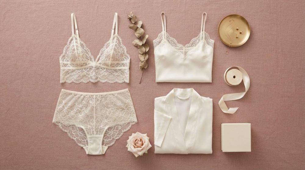 Conjunto lingerie bege com renda e cetim acompanhado de acessórios e uma rosa sobre fundo rosa