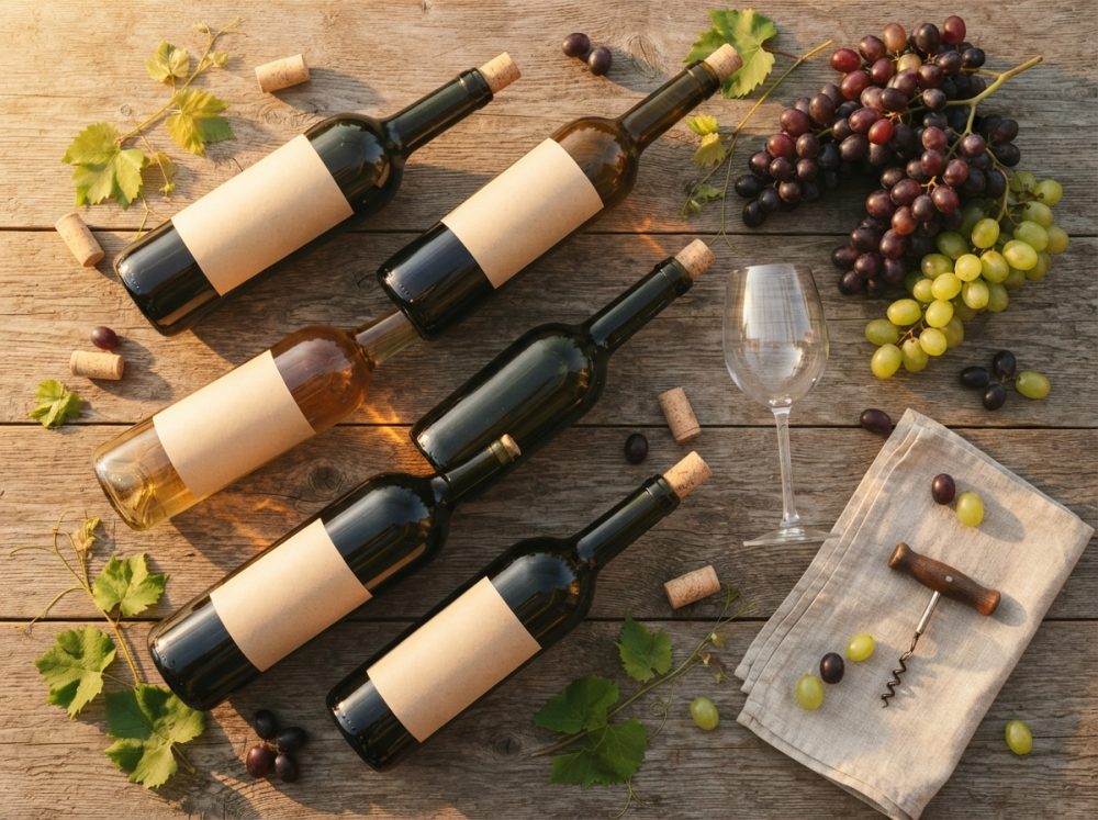 Seis garrafas de vinho com rótulos em branco, uvas variadas, copo de vinho vazio e saca-rolhas sobre mesa de madeira