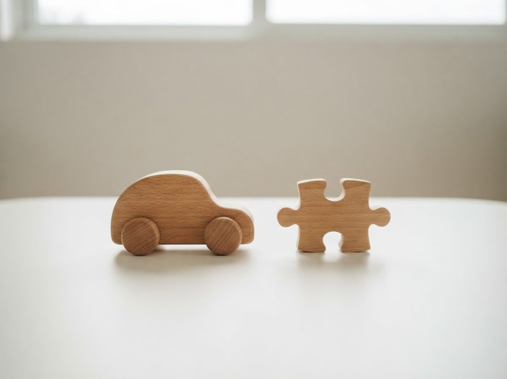Carro e peça de puzzle em madeira natural sobre mesa branca com fundo neutro