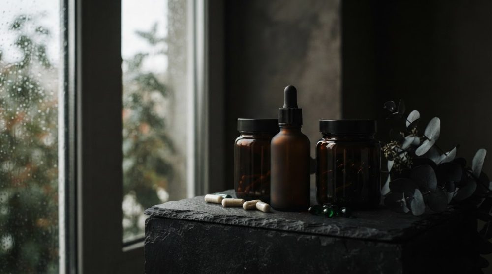 Frascos escuros de suplementos com cápsulas e conta-gotas num ambiente de luz suave junto a janela molhada