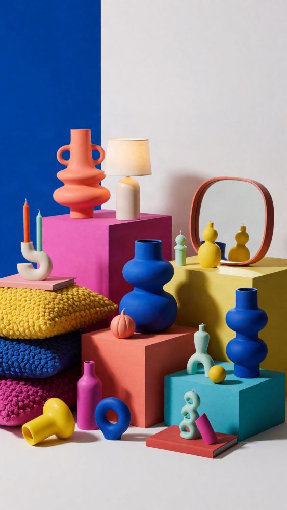 Vasos coloridos, velas abstratas e almofadas texturadas dispostos sobre cubos geométricos coloridos