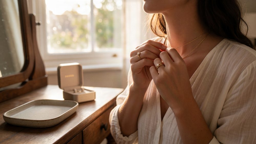 Mulher a colocar colar dourado com anéis e caixa de joias num quarto iluminado naturalmente