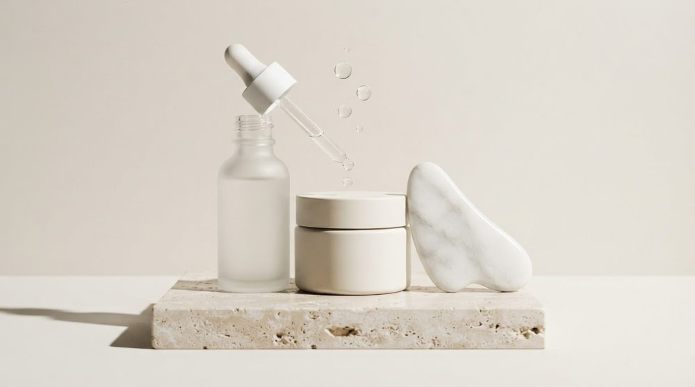 Conjunto de beleza com frasco conta-gotas pote de creme e pedra gua sha sobre base de mármore