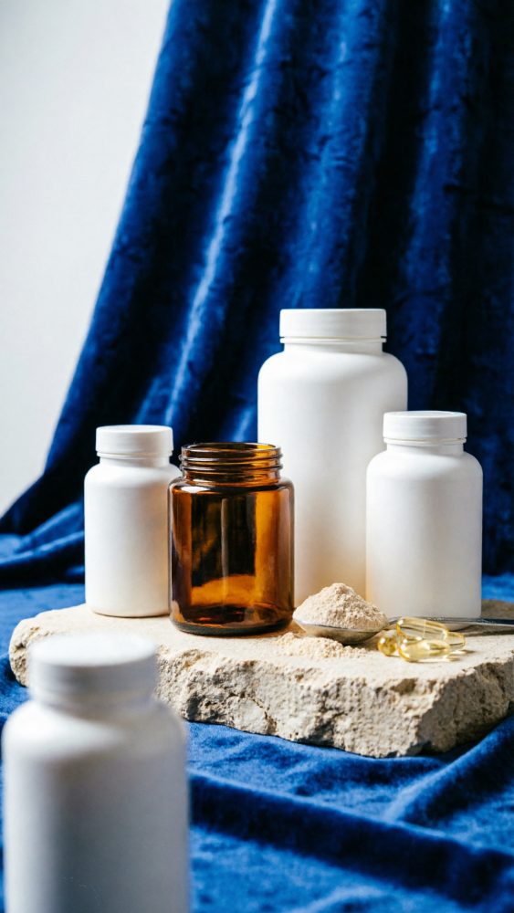 Vários frascos de suplementos brancos e âmbar com pó e cápsulas sobre tecido azul e pedra