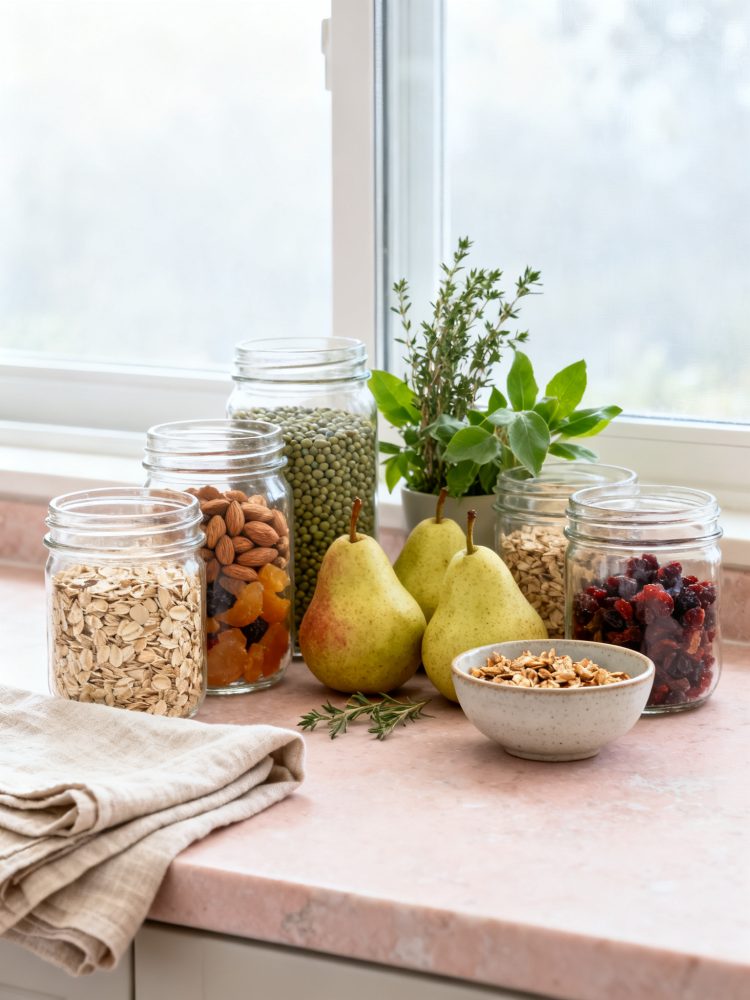 Frascos de vidro com ingredientes naturais, peras frescas e ervas sobre balcão de cozinha claro