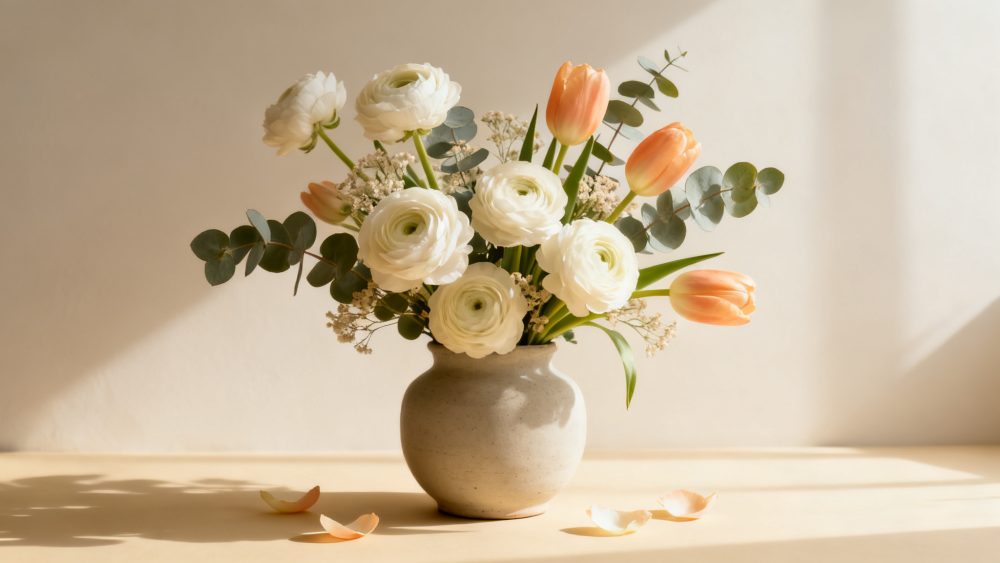 Arranjo de flores com ranúnculos brancos e tulipas cor pêssego num vaso cinza sobre fundo claro