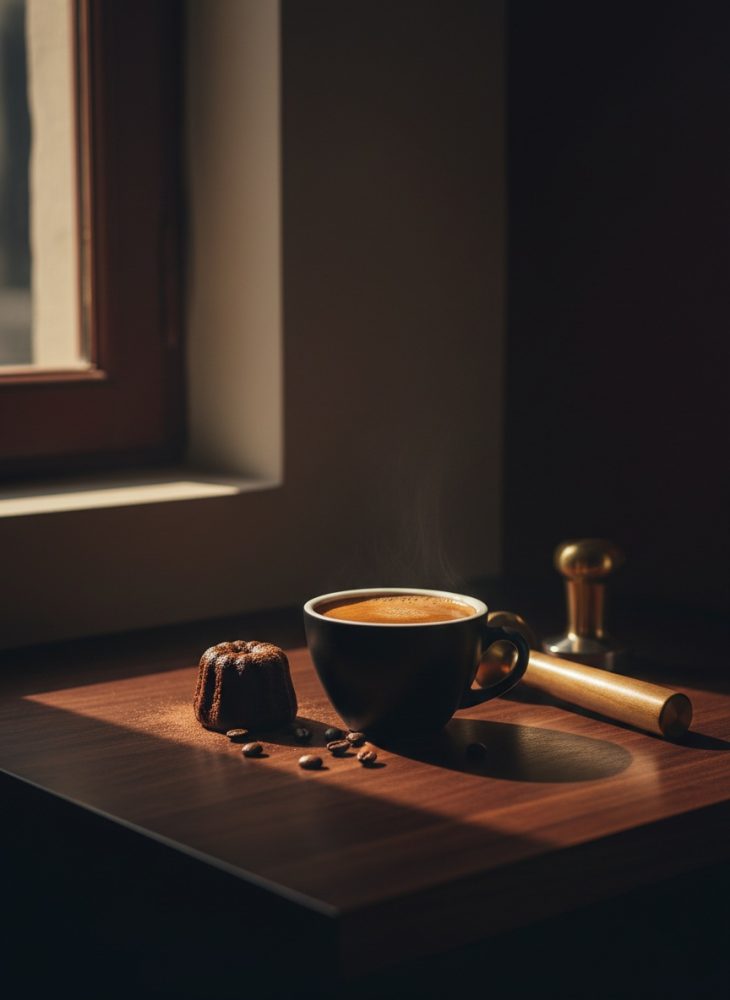 Xícara preta de café espresso, bolo pequeno e grãos numa mesa de madeira junto à janela