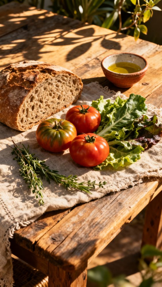 Pão rústico, tomates frescos, folhas verdes, ervas e azeite numa mesa de madeira ao sol