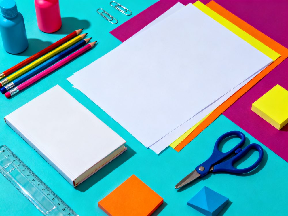 Material de papelaria colorido sobre fundo azul com lápis, papel, tesoura e notas adesivas