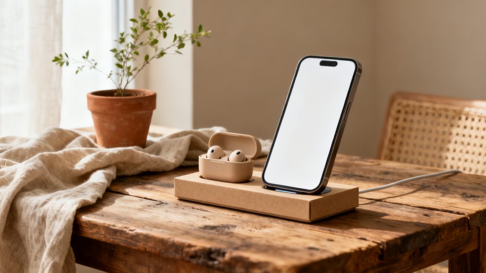 Base de carregamento wireless com smartphone branco e auriculares numa mesa rústica com planta a lado
