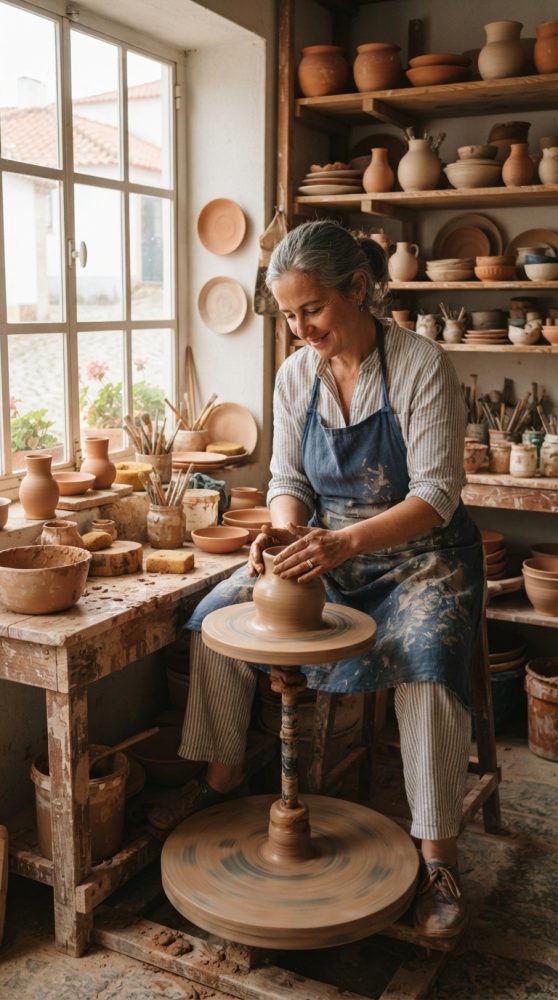 Mulher a moldar barro no torno de oleiro numa oficina com vasos de cerâmica e mesa com utensílios