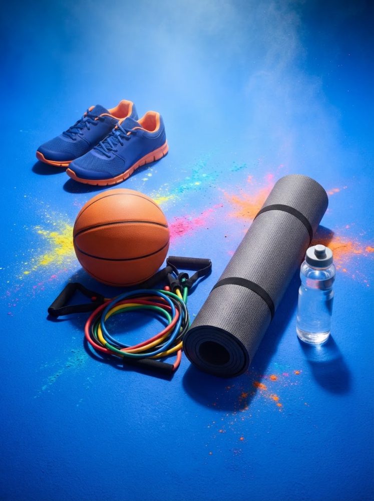 Conjunto de ténis azuis, bola de basquetebol, tapete de exercício, bandas elásticas e garrafa de água