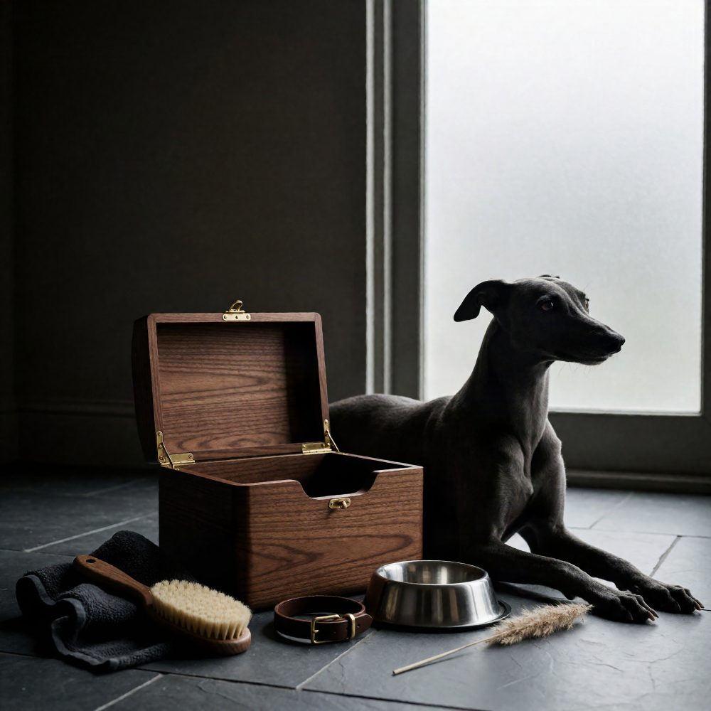 Cão cinzento com caixa de madeira aberta e acessórios de tratamento no chão