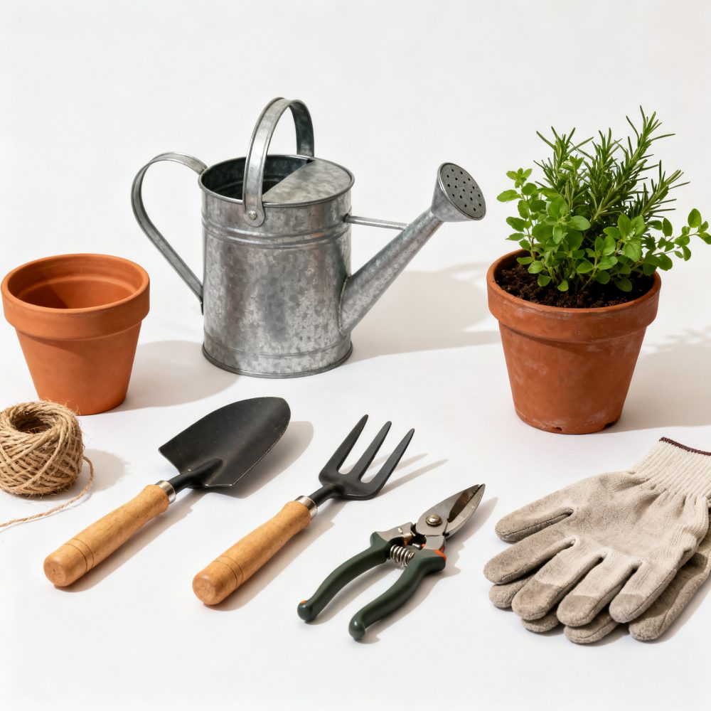 Conjunto de ferramentas de jardinagem com regador metálico, vaso de barro, luvas e planta aromática em fundo branco