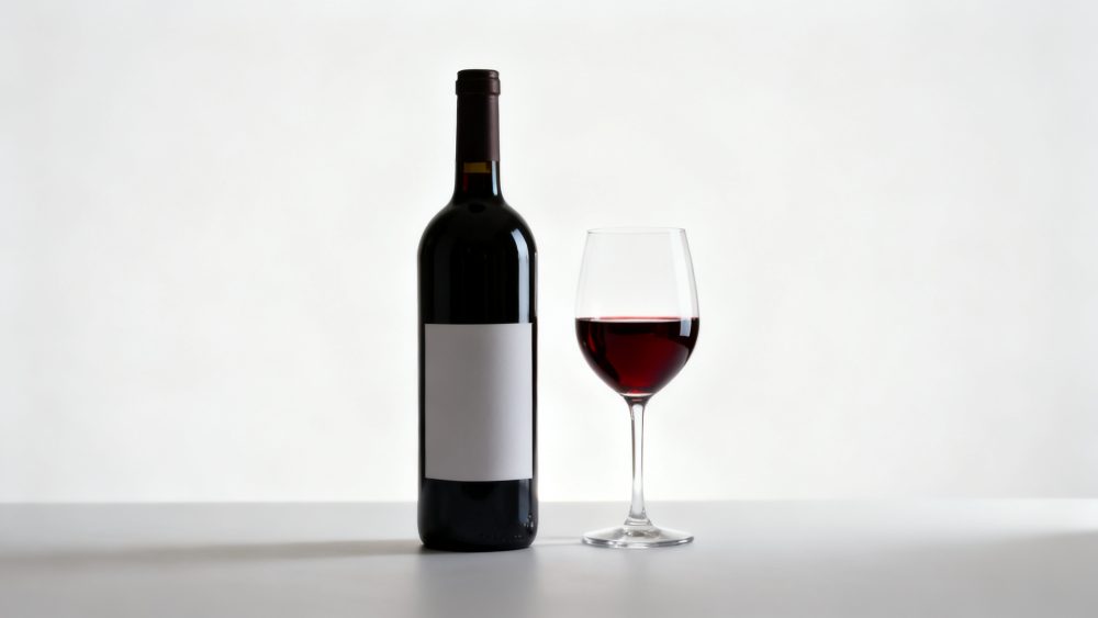 Garrafa de vinho tinto com rótulo branco e copo com vinho tinto servido sobre fundo branco