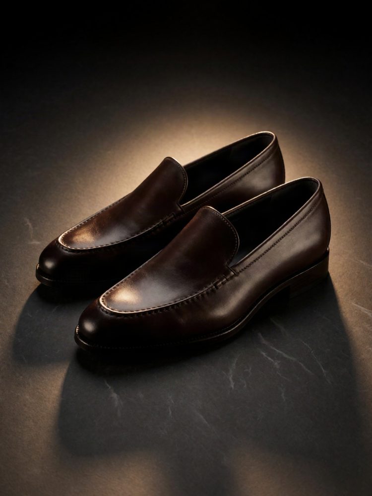 Par de sapatos masculinos de pele castanha escura com acabamento polido e design clássico