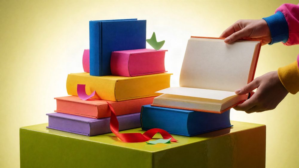 Livros coloridos empilhados com fitas marcadoras e mãos a folhear um livro aberto sobre superfície verde-limão