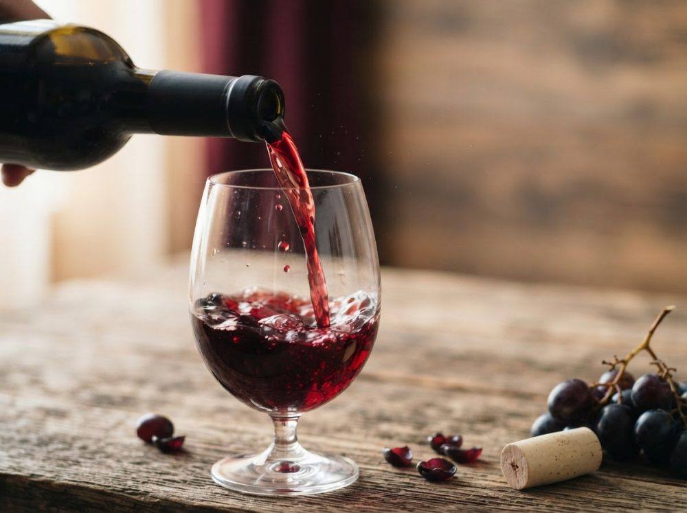 Vinho tinto a ser servido em copo com uvas e rolha numa mesa de madeira rústica