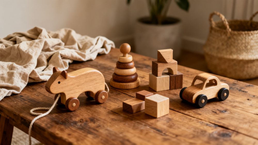Brinquedos de madeira naturais sobre mesa rústica com carrinho, bloco, torre e figura animal