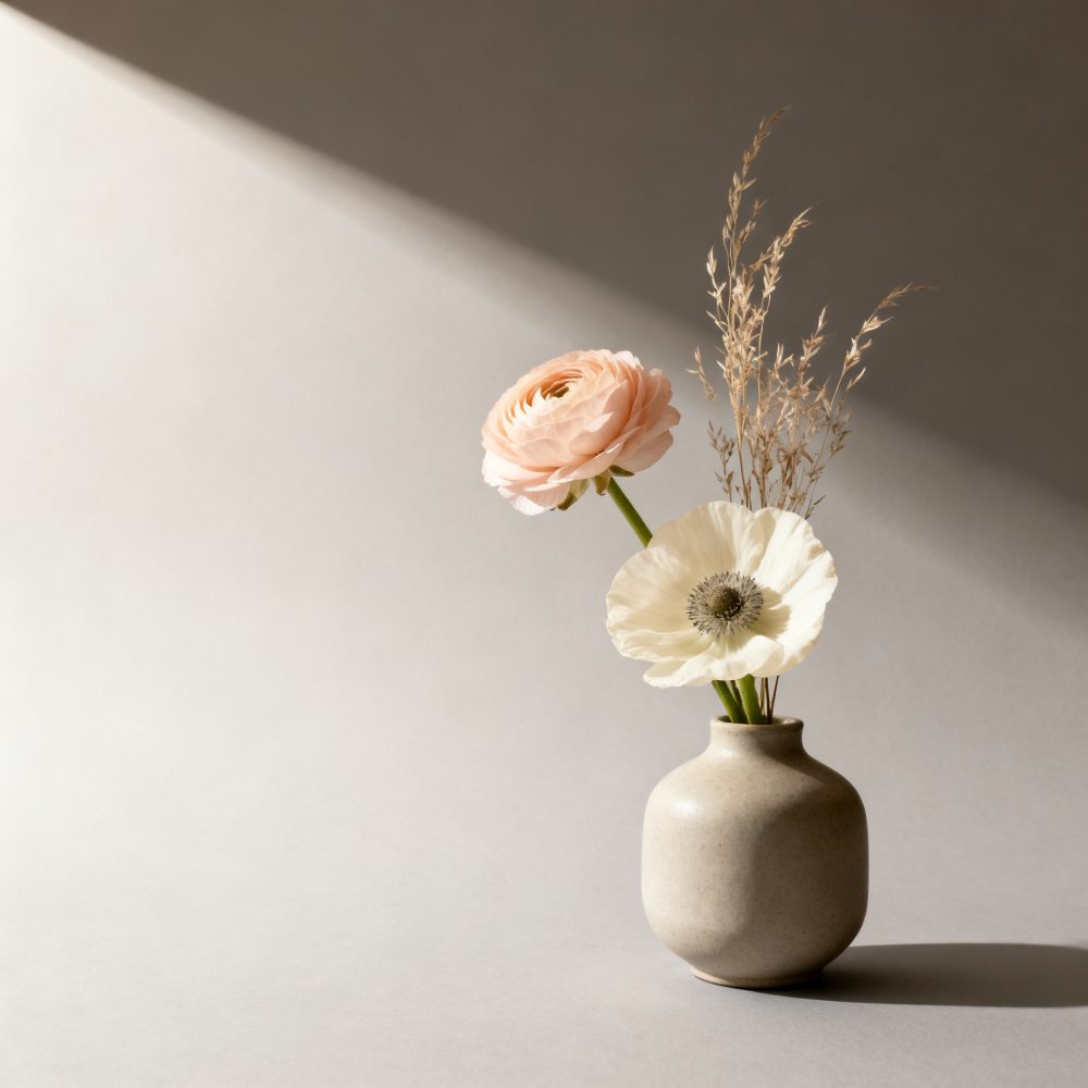 Vaso cinzento com flores rosa pálido, flor branca e caules secos sobre fundo neutro