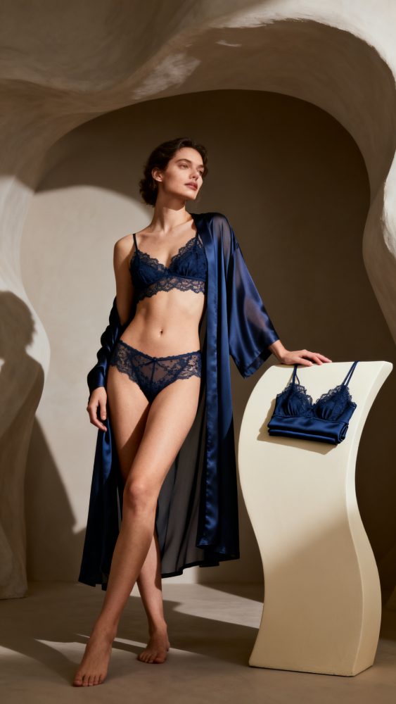 Mulher de pé veste lingerie azul de renda com robe cetim azul, ao lado soutien azul sobre pedestal branco