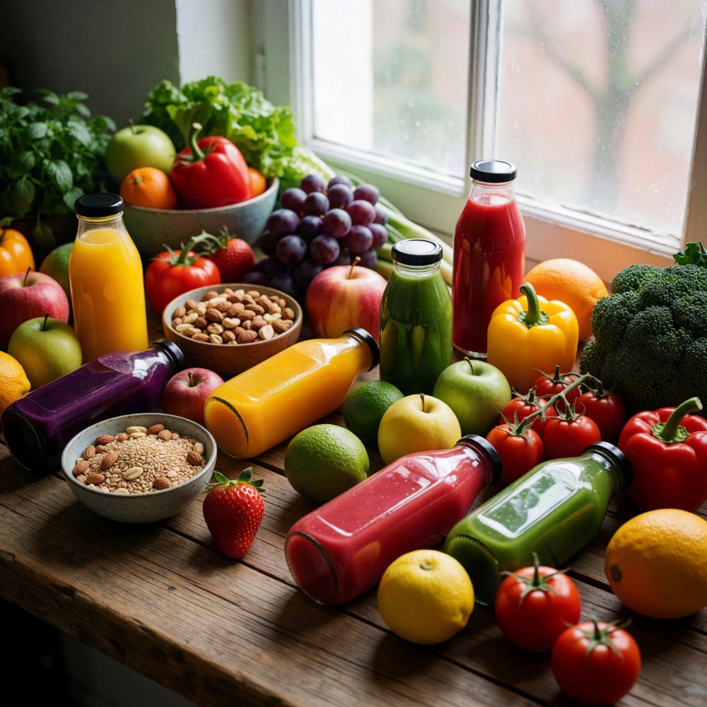 Sucos naturais coloridos em garrafas com frutas e legumes frescos numa mesa de madeira junto a uma janela