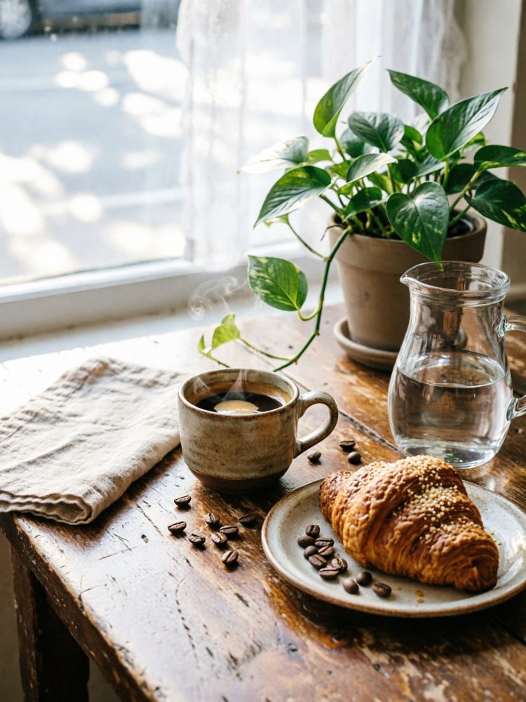 Chávena de café quente com vapor, croissant num prato, jarra de água e planta verde sobre mesa de madeira rústica junto a janela