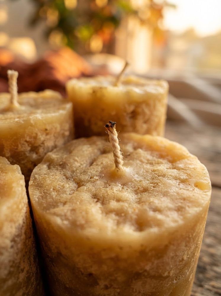 Velas rústicas de cera natural em tons neutros com textura artesanal em fundo desfocado
