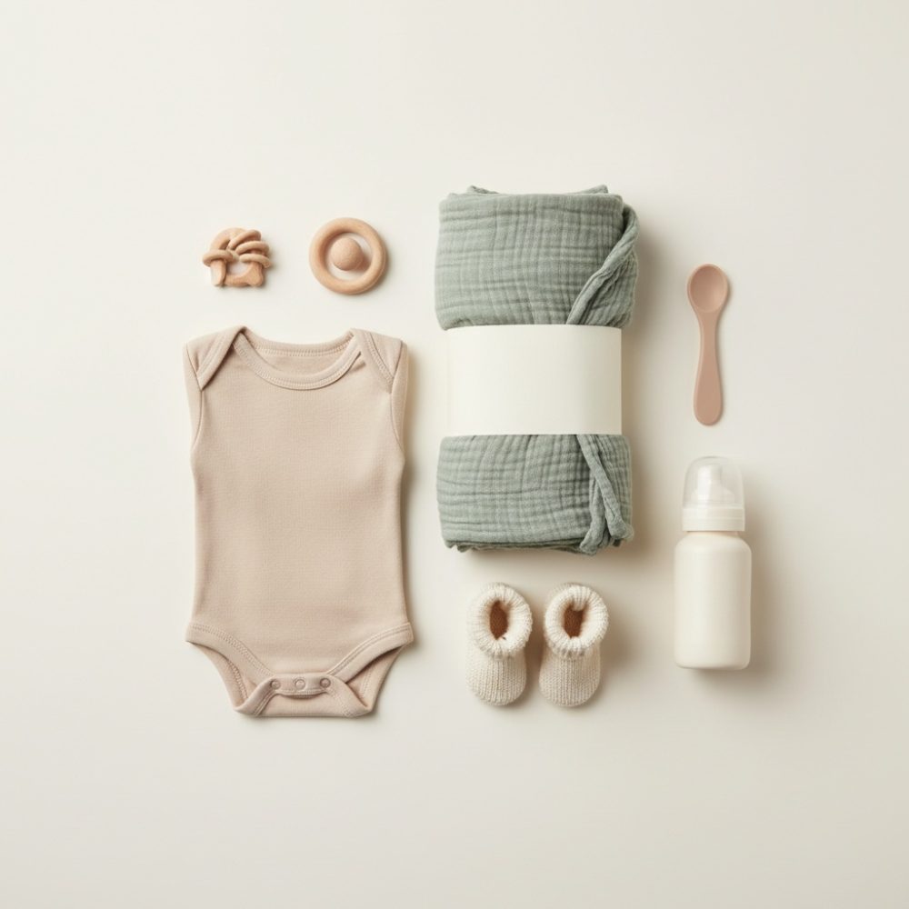 Conjunto para bebé com body bege, manta verde, sapatinhos brancos, brinquedos de silicone e biberão.