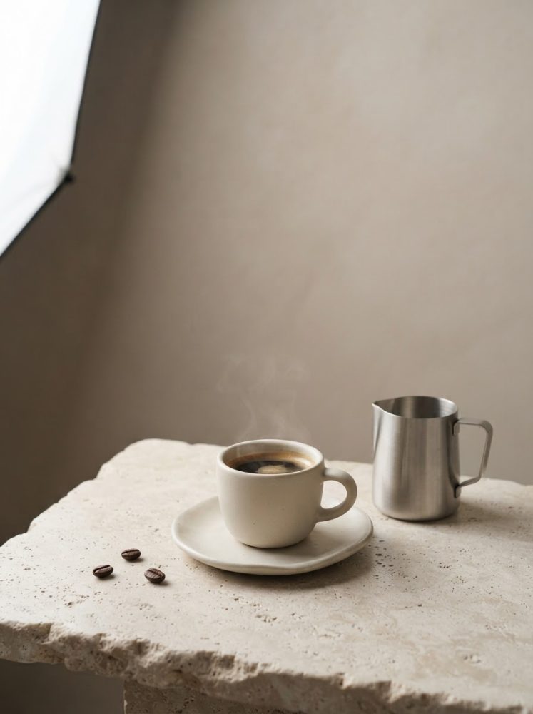 Xícara branca de café quente com jarro metálico sobre mesa de pedra rústica