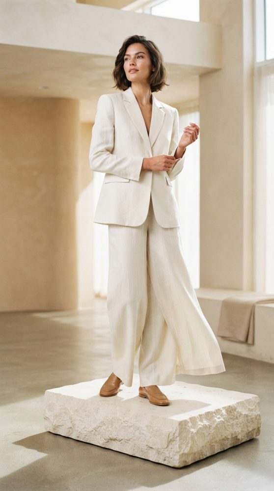 Mulher com conjunto bege claro composto por blazer e calças largas, em ambiente minimalista e luminoso