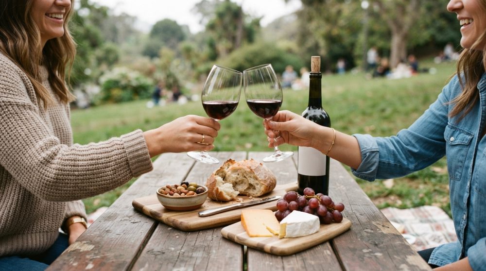 Duas pessoas a brindar com copos de vinho tinto numa mesa de madeira com pão, queijo, uvas e frutos secos ao ar livre