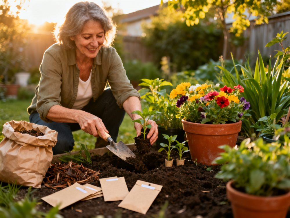 Mulher transplantando plantas numa horta ao pôr do sol com flores coloridas e pacotes de sementes