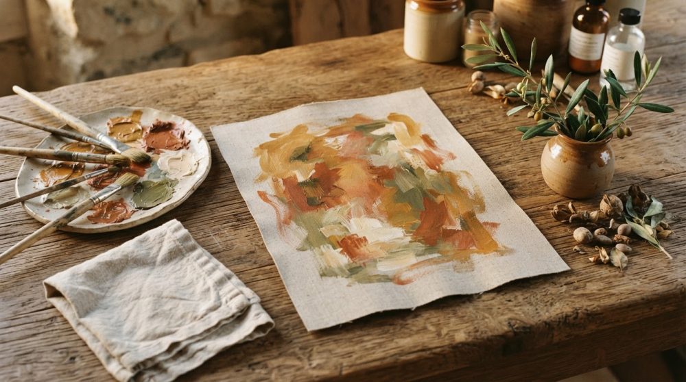 Mesa rústica com pincéis, paleta de tintas e pintura abstrata com folhagem em vaso de barro