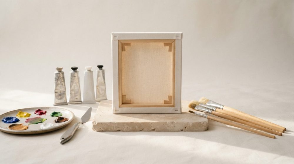 Material artístico: tela, pincéis, tubos de tinta e paleta com cores variadas