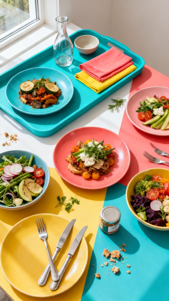 Mesa com pratos coloridos de saladas e talheres num ambiente claro e moderno