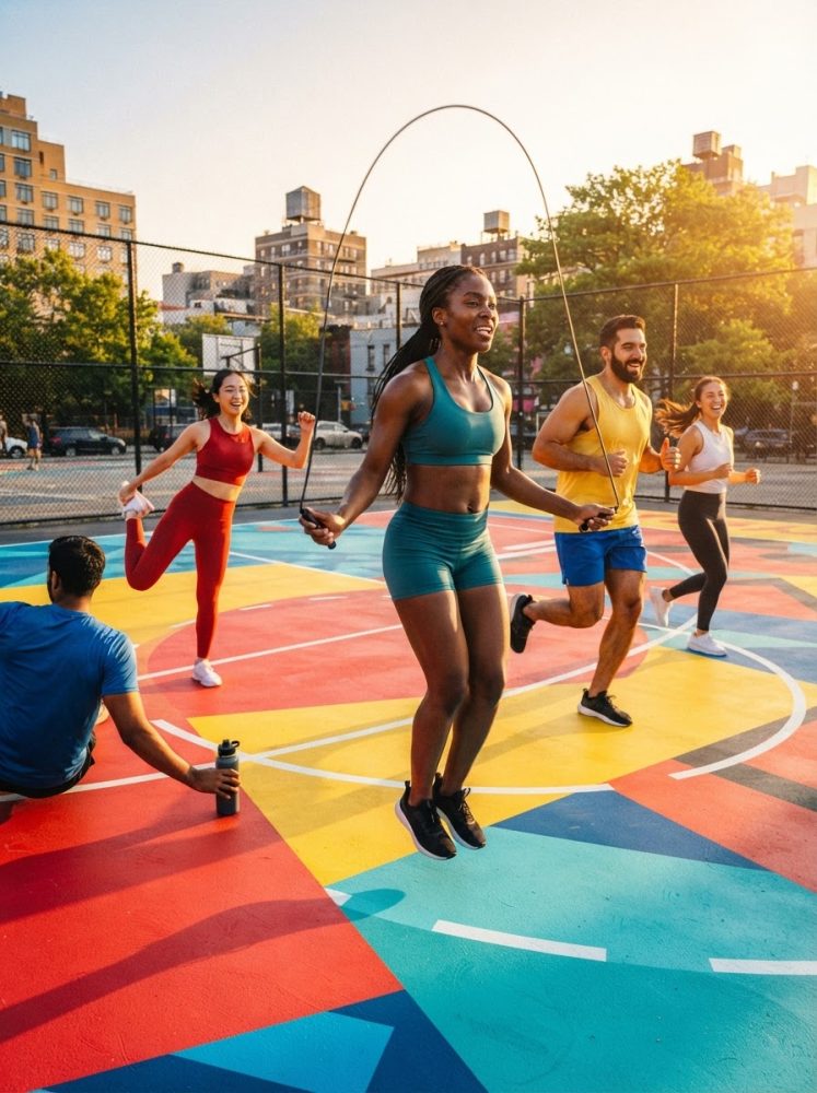 Grupo de cinco jovens a praticar exercício ao ar livre num parque urbano colorido ao pôr do sol