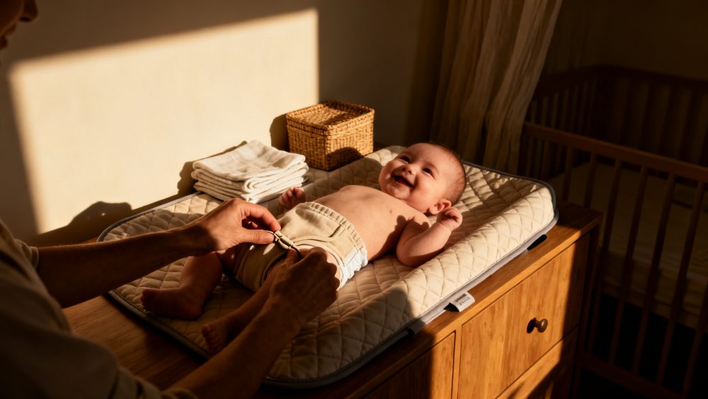 Bebé sorridente deitado numa cama de mudar enquanto mãos adultas lhe vestem a roupa num quarto com luz natural