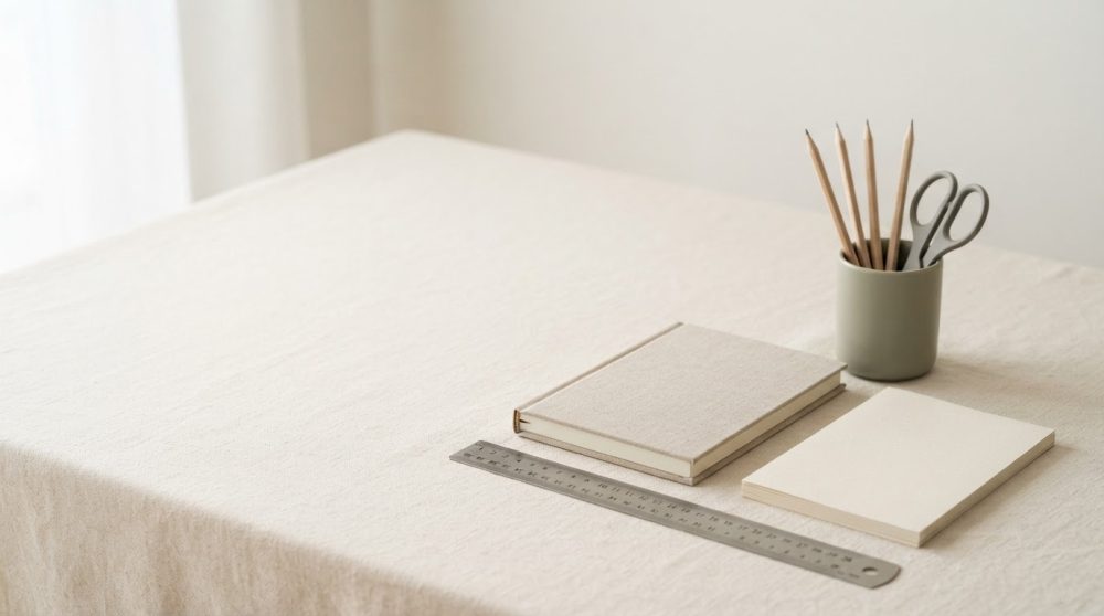 Mesa clara com material de papelaria organizado incluindo caderno, bloco de papel, régua, lápis e tesoura