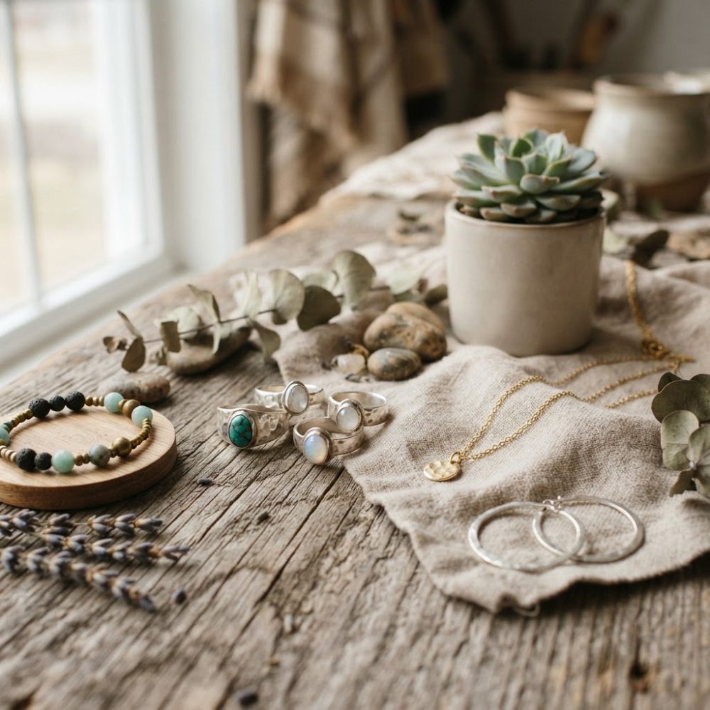 Mesa de madeira com anéis de prata, pulseira, colar dourado, brincos e vaso com planta suculenta