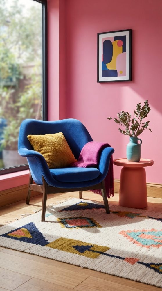 Poltrona azul com almofada mostarda e manta rosa ao lado de mesa coral com vaso, em sala com parede rosa e tapete colorido