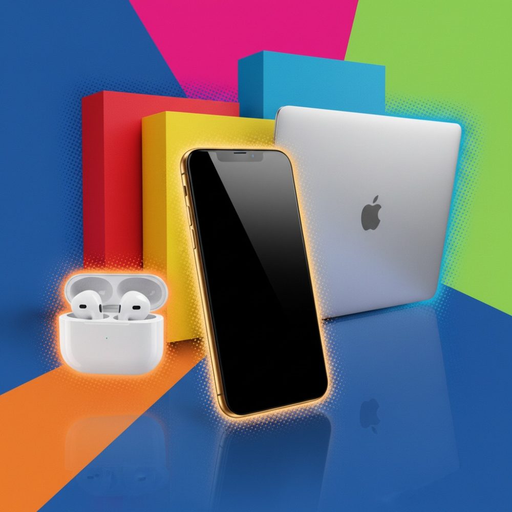 Dispositivos Apple: iPhone, MacBook e AirPods com fundo colorido vibrante