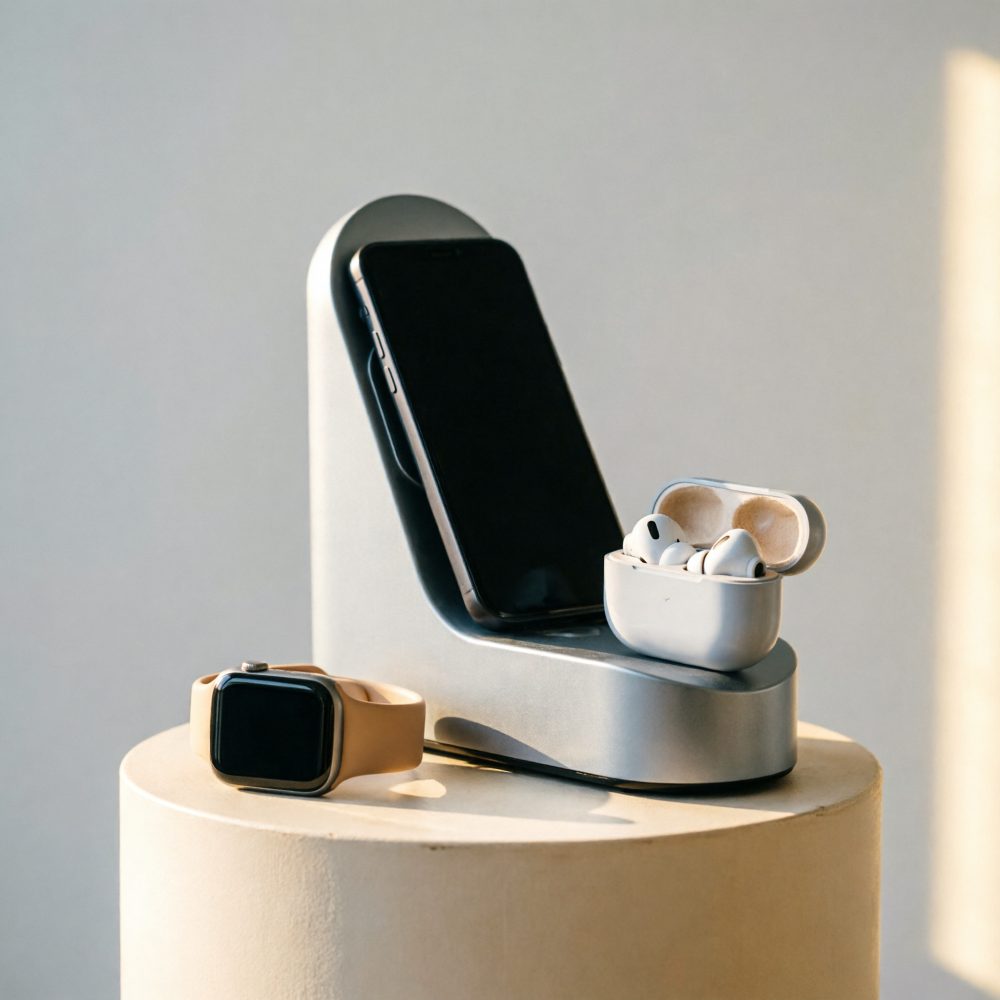 Suporte de carregamento com smartphone, auriculares e smartwatch sobre base redonda