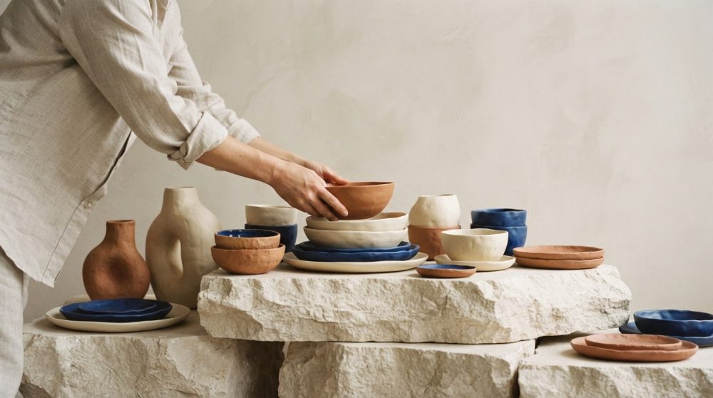Mãos a arrumar peças de cerâmica artesanal em tons terra, azul e branco sobre pedras claras