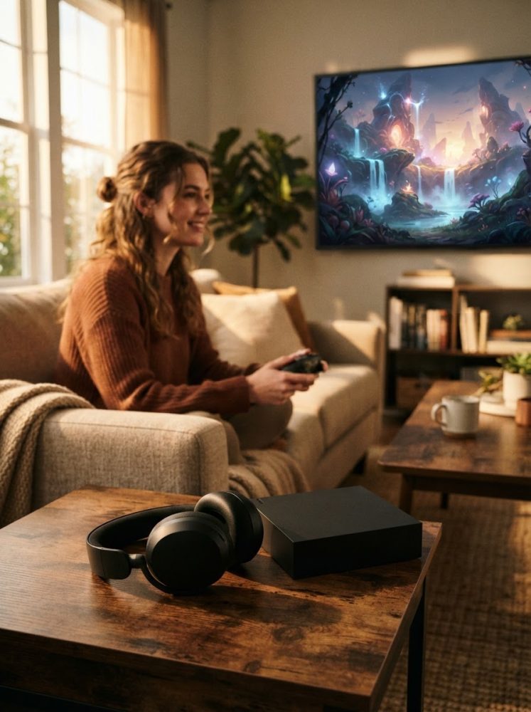 Consola de jogos preta e auriculares sobre mesa de madeira, com mulher a jogar e ecrã com jogo de fantasia.